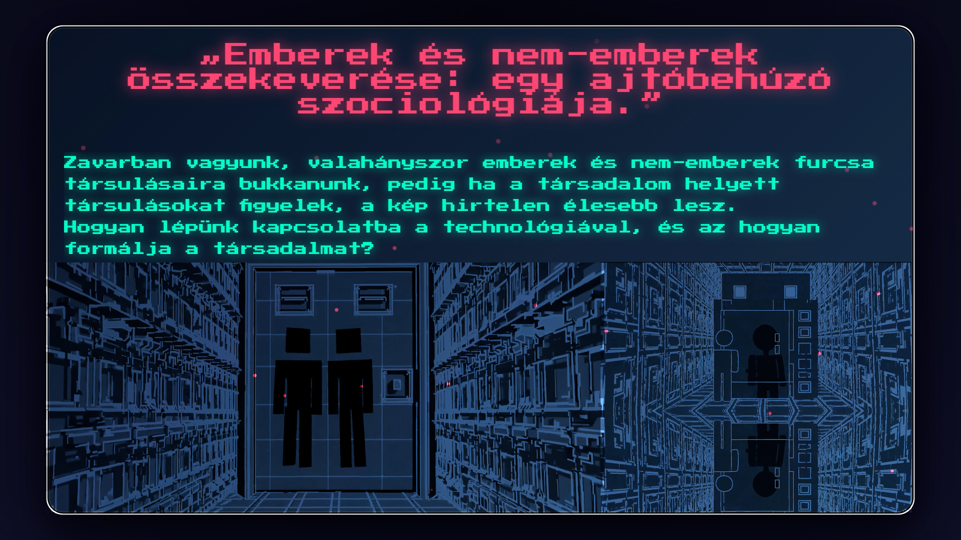 Állókép egy 8-bites, MI alapú kísérleti animációból Bruno Latour „sztrájkoló” ajtóbehúzójáról.