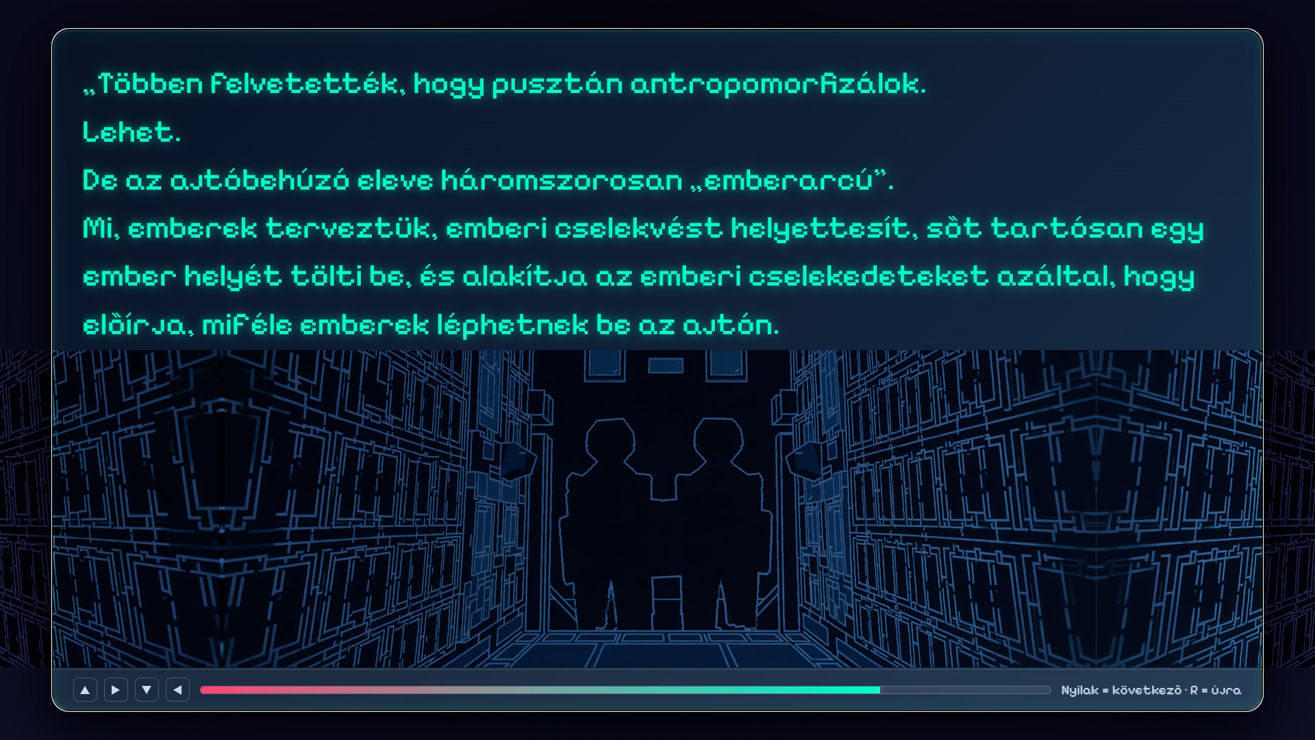 Állókép egy 8-bites, MI alapú kísérleti animációból Bruno Latour „sztrájkoló” ajtóbehúzójáról.