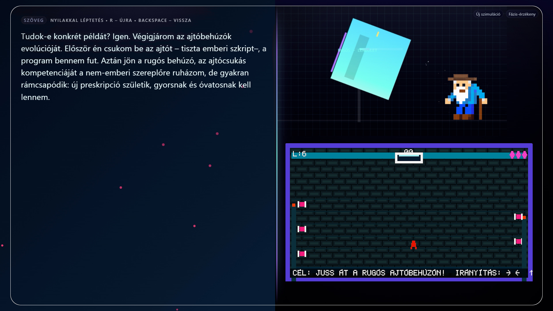 Állókép egy 8-bites, MI alapú kísérleti animációból Bruno Latour „sztrájkoló” ajtóbehúzójáról.